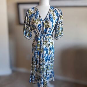 Fig and Flower White Midi Dress with Blue & Olive Floral Print Size L